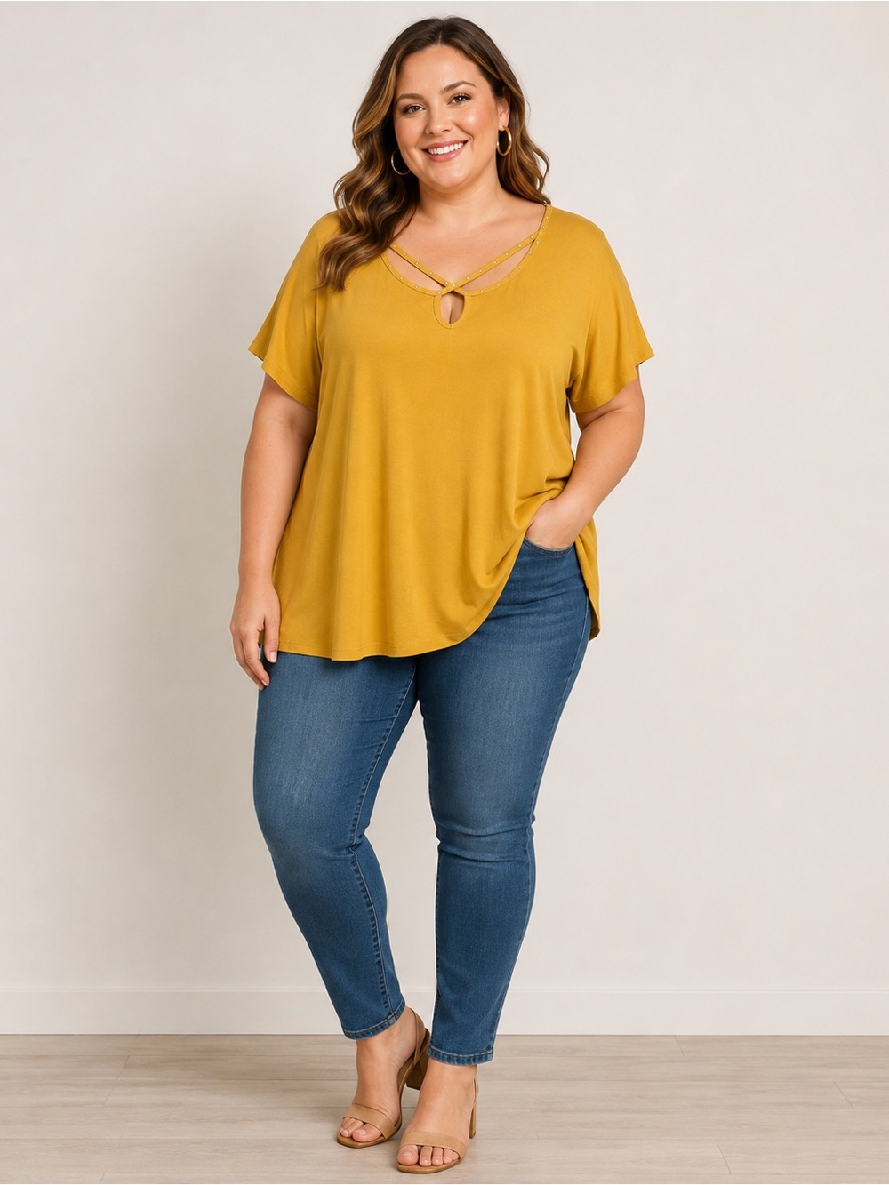 Mustard Yellow Plus-Size Short Sleeve Top with V-Neck Detail